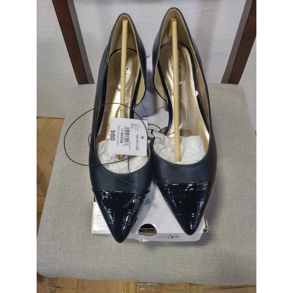 East 5th Dion Black Pointed Toe Kitten Heel Pumps Faux Croc Cap Toe 11M New
